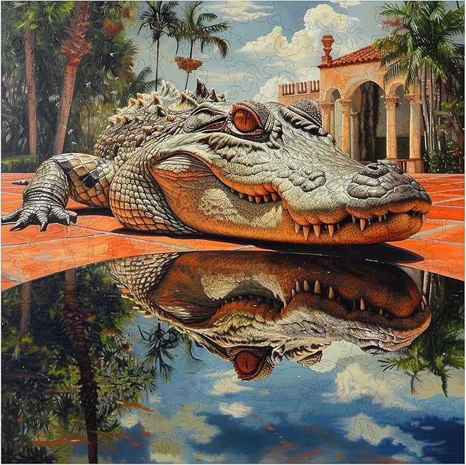 Wooden Puzzles for Adults, Outdoor Alligator Jigsaw Puzzles 200 Pieces, 11.2x11.2in, Unique Shaped Cool Reptile Animal Wood Adult Puzzle, Best Gifts for Adults and Kids Family Game