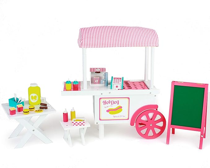 Playtime by Eimmie 18 Inch Doll Furniture Hot Dog Food Cart Set - Wooden Playset with Accessories, Fits American, Generation, My Life & Similar 14”-18” Dolls