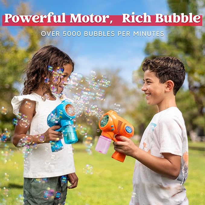 JOYIN 2 Bubble Guns with 2 Refill Solution (10 oz Total), Automatic Bubble Maker Blower Machine for Kids, Toddlers, Outdoors, Party, Birthday Gift, Easter Toys (Blue, Orange)