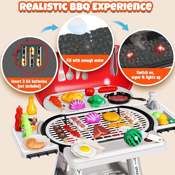 Kids BBQ Grill Playset,Indoor Kitchen Toy,Play Toy Grill Set with Fake Smoke Lights Sounds,Kids Grill Playset Kitchen Toys Set with Sink,2-Layer Barbecue Outdoor Play Grill Toy for Toddler Boys Girls