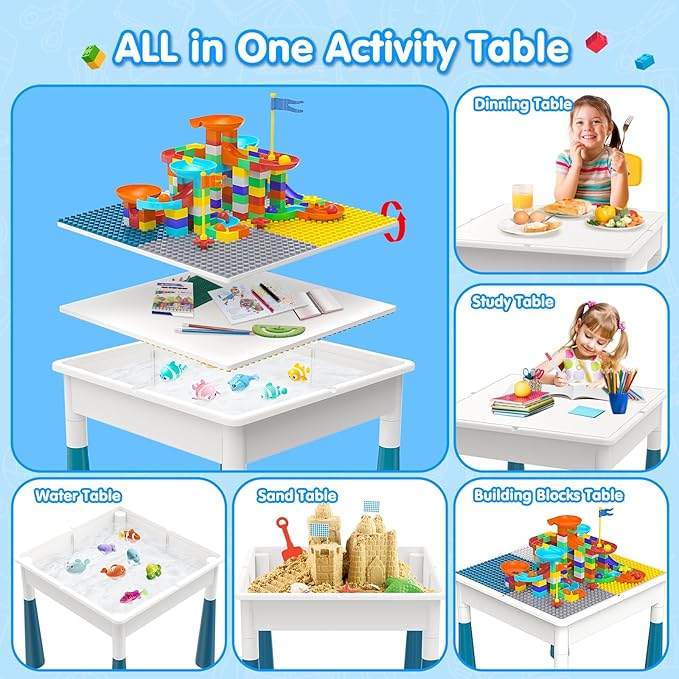 Toddlers Kids Table and Chair Set: Activity Table with 152Pcs Large Marble Run Building Blocks 4 Chairs Storage All in One Play Sensory Table Water Table Sand Table for Boys Girls 3-10 Year Old