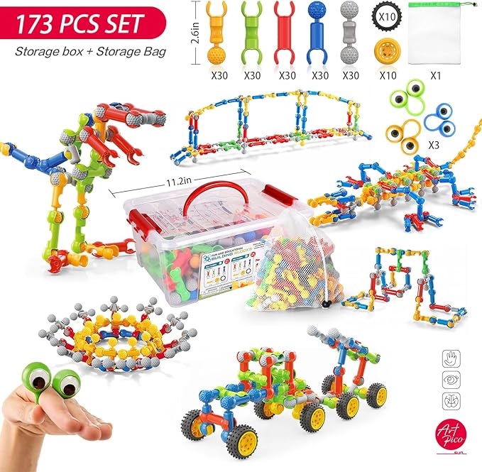 173pcs Kids Building Kit STEM Toys Building Blocks Toy Ages 4-8 Educational Construction Engineering Toys for 3 4 5 6 7 8 Year Old Boy and Girl Creative Kids Games Learning Activities