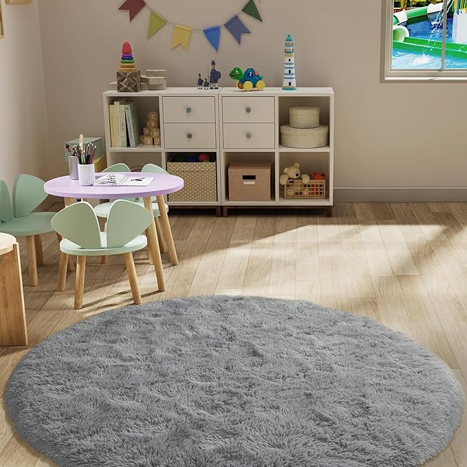 LOCHAS Luxury Round Fluffy Area Rugs for Bedroom Kids Girls Room Nursery, Super Soft Circle Rug, Cute Shaggy Carpet for Children Living Room, 5x5 Feet Red