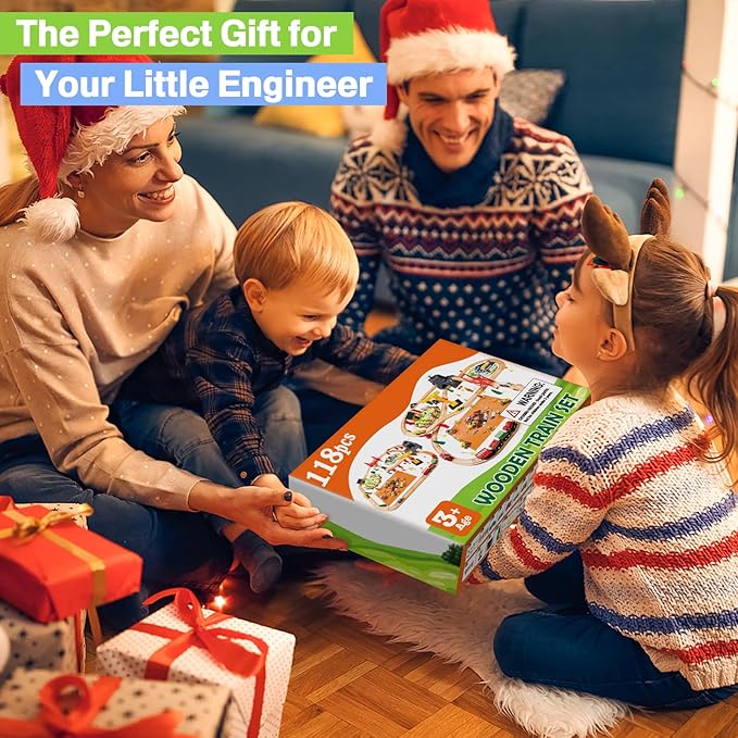 118Pcs Wooden Train Set for Kids, Wood Train Track Set Train Railway Accessories Toy Train Sets for Boys and Girls Gifts Ages 4 5 6 7 8 - Compatible with All Major Brands