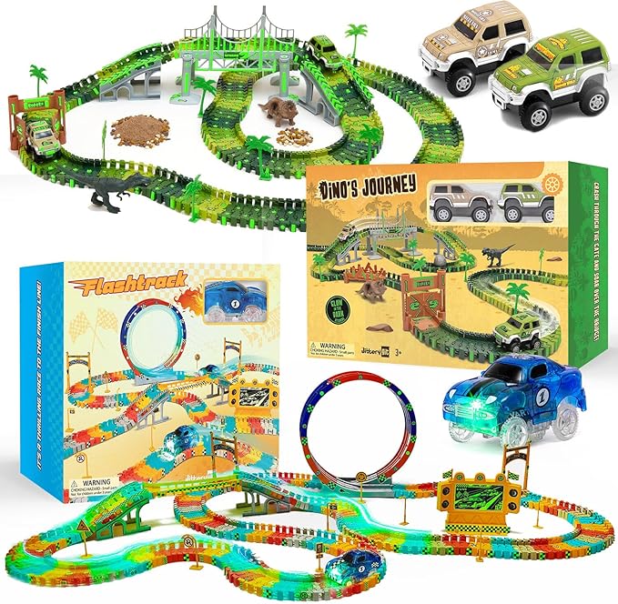 JITTERYGIT Race Track and Dinosaur Track Christmas Bundle Gift, Glow in The Dark Flexible Racing STEM Vehicle Play Set, Magic Racetrack Present for Boys, Girls, Toddler Ages 3 4 5 6 7 8 9 Years Old