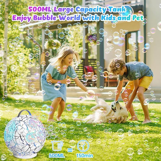 Bubble Machine for Kids Toddlers,45°/360° Automatic Rotation Spherical Bubble Maker Toy with RGB Light,Rechargeable Type-C Charge Bubble Blower,Outdoor Wedding Party Birthday Gifts (White Crack)