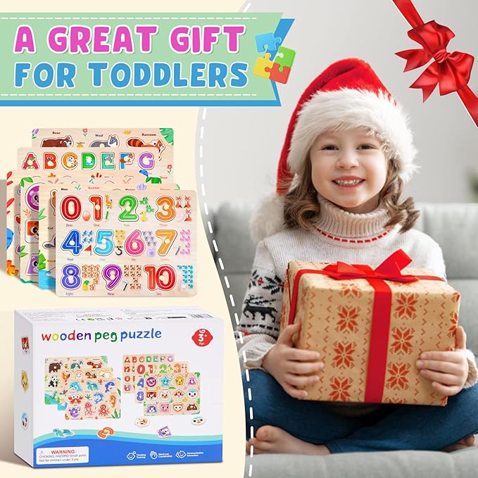 Toddler Puzzles Montessori Toys for 3 4 5 Years Old, 6 PCS Wooden Puzzles for Kids Ages 4-6 - Learning Alphabet, Numbers, Shapes and Animals, Educational Toys Puzzle Gifts for Girls Boys