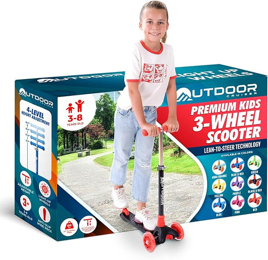 Outdoor Cruiser 3-Wheel Kids Scooter – with Lean-to-Steer Technology, Led Lighted Wheel, 4-Level Adjustable Height T-bar Handle, Support Kids Up to 150 Lbs, for Boys & Girls Ages 3-8, Black and Red