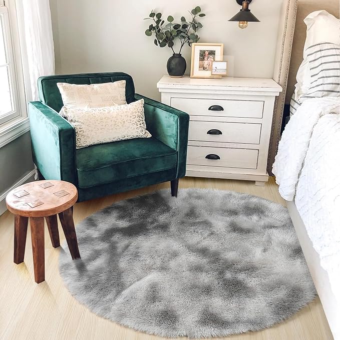 Amdrebio Tie-Dyed Light Grey Round Area Rugs for Living Room, 6x6 Ft, Soft Large Circle Rugs for Bedroom, Big Shag Fluffy Fuzzy Carpet for Kids Room, Modern Floor Circular Rug, Furry Farmhouse Rug