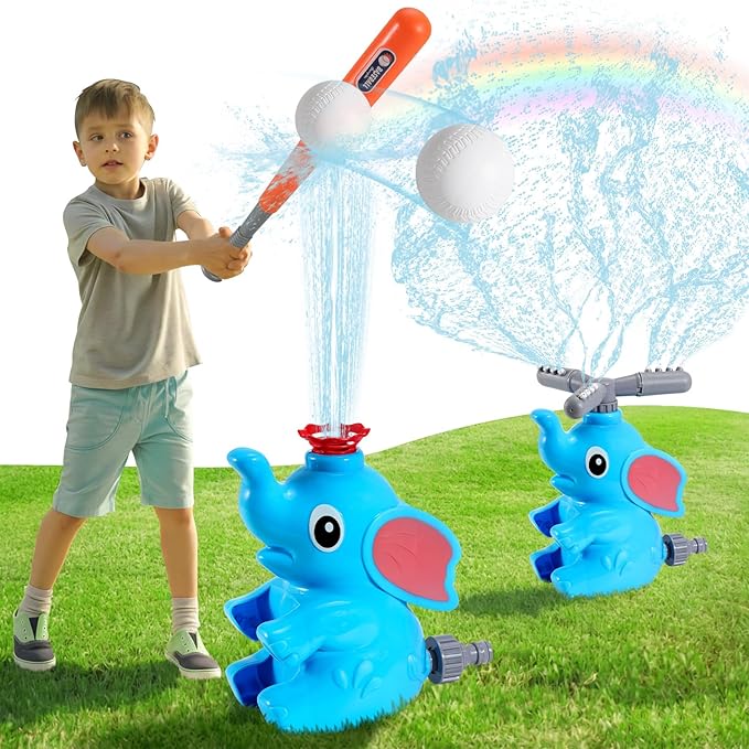 HeySplash Water Sprinkler Baseball Toy, 2 in 1 Water Spray Sprinkler Ball Set with 2 Detachable Sprinkler Heads, Outdoor Summer Toys Outside Toys for Toddlers and Kids, Blue Elephant