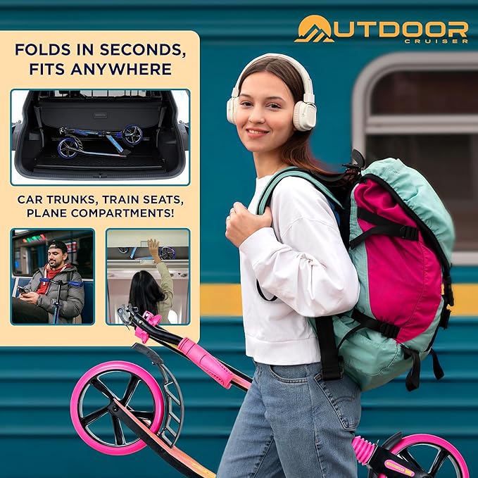 Outdoor Cruiser Kick Scooter for Ages 6+, for Kids, Teens, and Adults, Max Load 250 LBS, Foldable, 8-inch Big Wheels, Dual Suspension, 3 Adjustable Levels, Child Safety Approved, Yellow and Pink