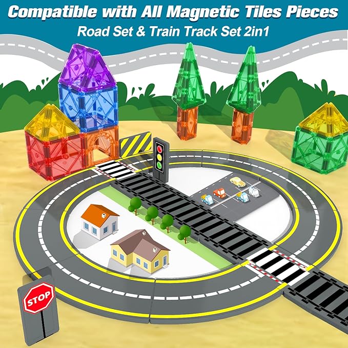 Magnetic Tiles Road Cars Toys Magnetic Building Blocks Boys Toys Road & Train Track Expansion Pack Magnetic Building Blocks Construction Toys Kids Toys for Ages 3-12 Boys Girls Building Toy