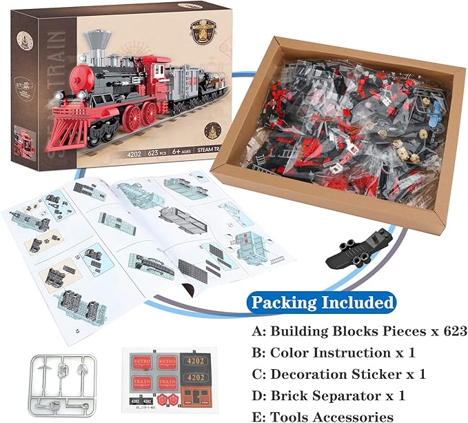 BRICK STORY City Freight Building Set, Retro Cargo Train Model, Classic Steam Train Building Blocks Toys, Creative Gift for Boys Kids Aged 8-14, 623 Pieces