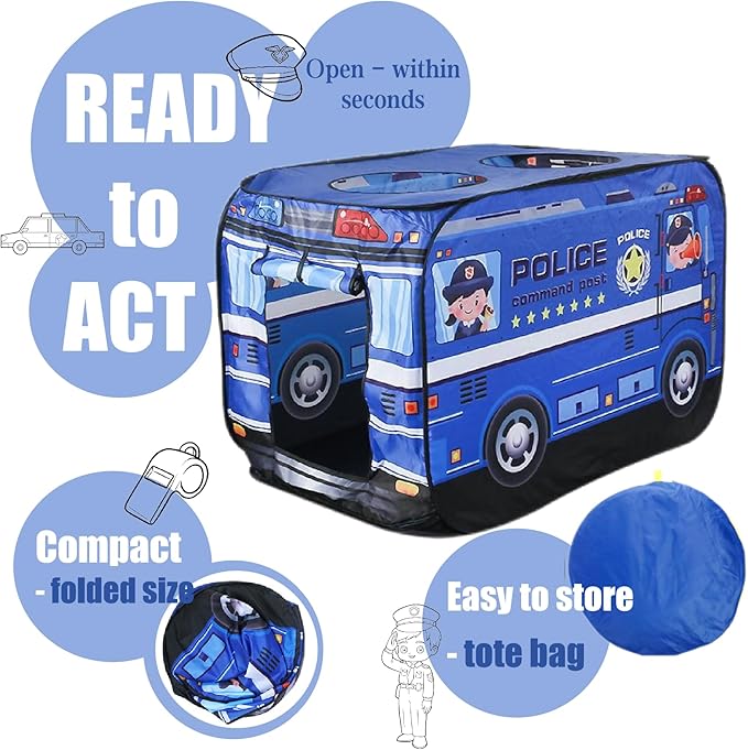 Pop Up Tent for Kids.Police car Tent.Large, Easy to Organize Police Toys.Police Gear for Kids.Boys and Girls Imaginative Play.Indoor Outdoor Pretend Play