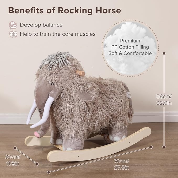 labebe - Plush Rocking Horse, Mammoth Rocker, Stuffed Rocker Toy for Child 1-3 Year Old, Kid Ride On Toy Wooden, Rocking Animal for Infant/Toddler Girl&Boy, Nursery Birthday Gift