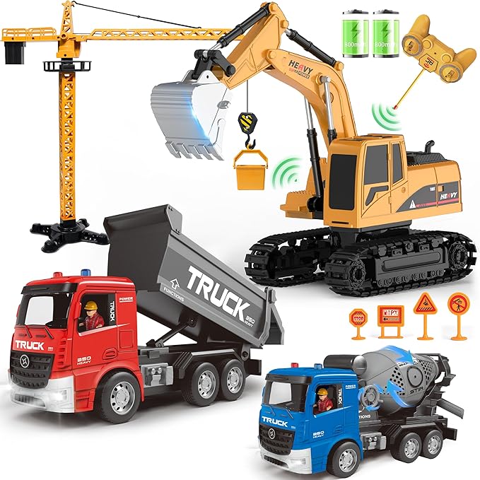 Remote-Control-Excavator and Dump-Truck - Kids-Play- Construction-Engineering-Vehicles Toy Set with Crane Mixer,Realistic Lights and Sounds,Christmas Birthday Gifts for Boys Girls Ages 3-12+