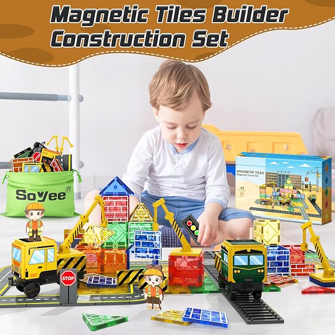 Magnetic Tiles Magnetic Construction Set with 2 Cranes Boys Toys for Ages 3-5 5-7 8-10 Building Toys Includes Crane, Road Tracks, Train, Train Tracks, Dolls, Car Toy, Traffic Lights and Stations