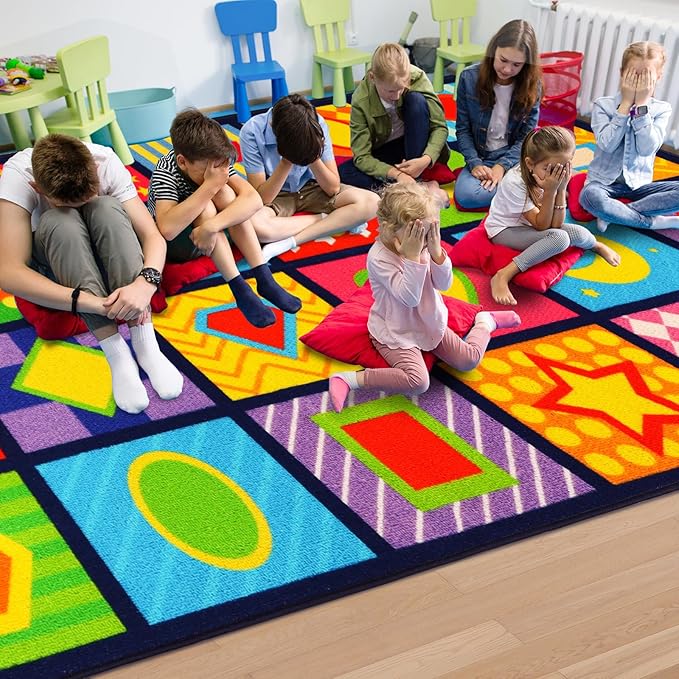 Classroom Carpets Kid Rug 7.7'×13.3', Extra Large 24-Seat Shape Rug for Kindergarten Primary School, Preschool Mat for Classroom Learning Area, Nylon Non-Slip Latex Backing 157"×91"
