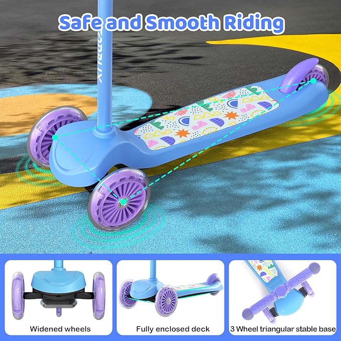 TONBUX Kids Scooter for Ages 3-5, Toddler Scooter with Light-Up Deck and Wheels, Adjustable 4-Level Height 3-Wheel Scooter for Kids, Lean-to-Steer Design