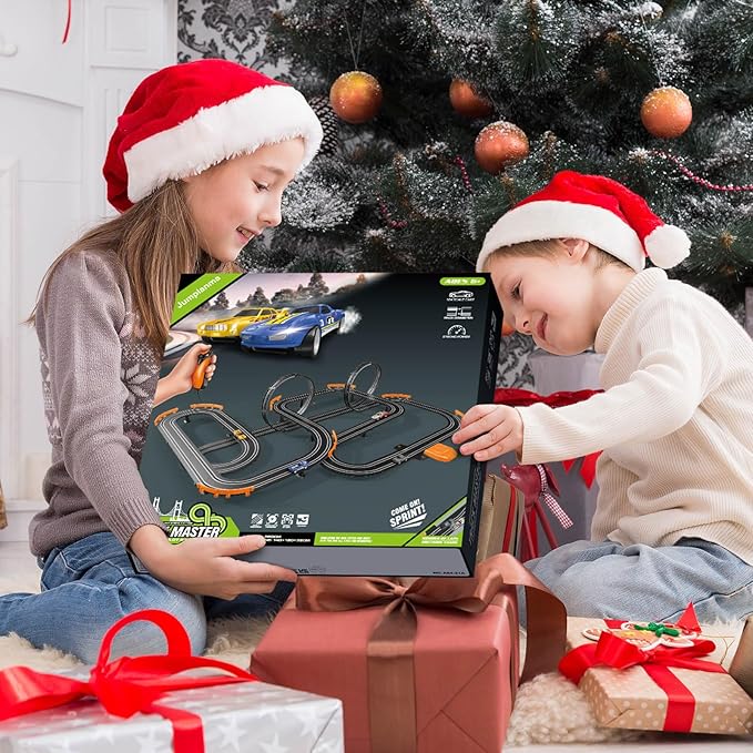 Slot Car Race Track Set Electric or Battery Powered Racing Car Track for Kids Boys, with 4 High-Speed Cars and 2 Hand Controllers,Dual Racing Game Toys for Children Age 6 7 8 Years Old