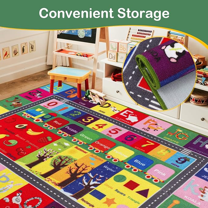 ABC Alphabet, Numbers, Shapes, Fruits, Seasons Educational Area Rugs Kids Rug for playroom Circle time Rugs for Preschool Classroom Alphabet Rugs for Kids playroom, 4' 11" x 6' 7"