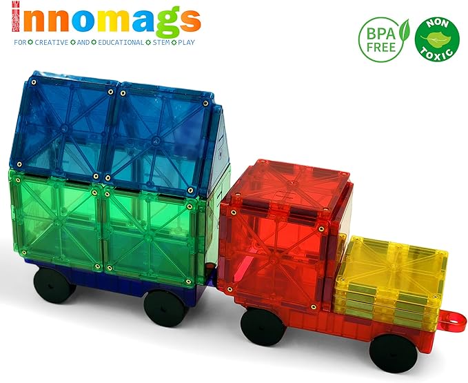 Magnet Tiles 110 Piece Magnetic Building Blocks Jumbo Tile Set, Clear 3D Magnetic Tiles Stem Educational Construction Playboards for Kids, Creative Clickins, Wheels, Bag, Safety Certified
