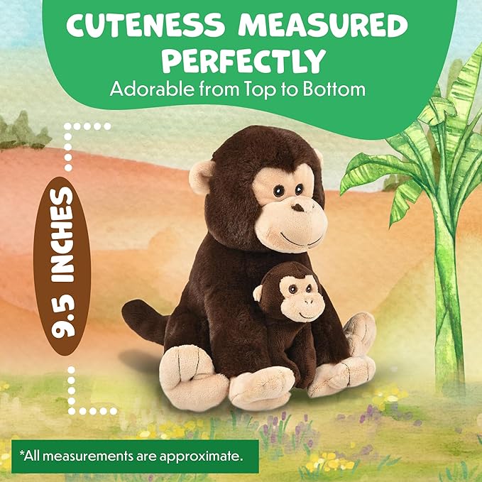 Mom and Baby Stuffed Animals for Boys & Girls, Safari Baby Shower Decorations, Nursery Decor, Zoo Animals for Toddlers, Quality Realistic Toys for Kids, Cute, Soft, Huggable, Squeezable (9.5" Monkey)