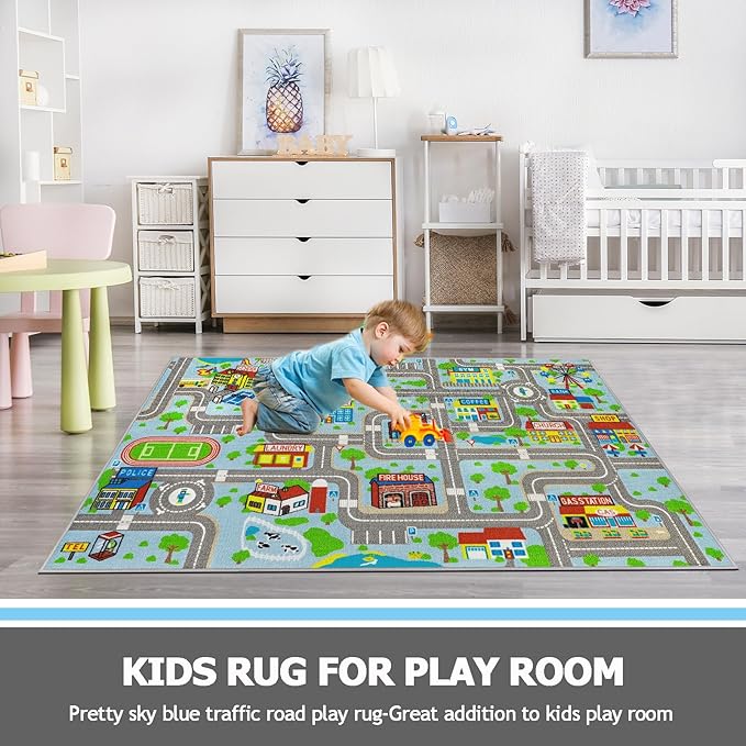 Capslpad Sky Blue Car Road Kid Rug Carpet Playmat for Playoom Traffic Road Kids Play Mat for Toddler Non Slip Washable City Map Race Track Carpet Rug for Kids Room Bedroom Nursery Room Decor,5.2'x3.3'
