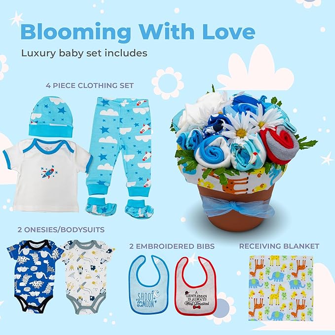 Baby Boy Clothing Flower Bouquet | Newborn Baby Boy Gift Basket with Baby Clothing Arranged Like Celebration Flowers, Creative Unique Blue Baby Set for Expecting Moms, Includes Spaceship Clothing Set