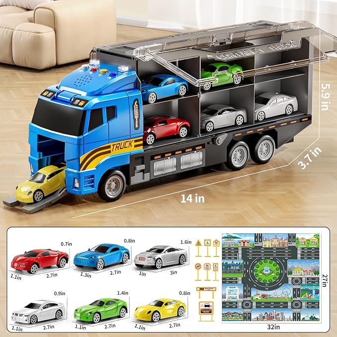 Toddler Toys for 3-8+ Years Old, Truck Vehicle Set With Play Mat, Die-Cast Car Carrier for Kids, Birthday Gifts for Boys