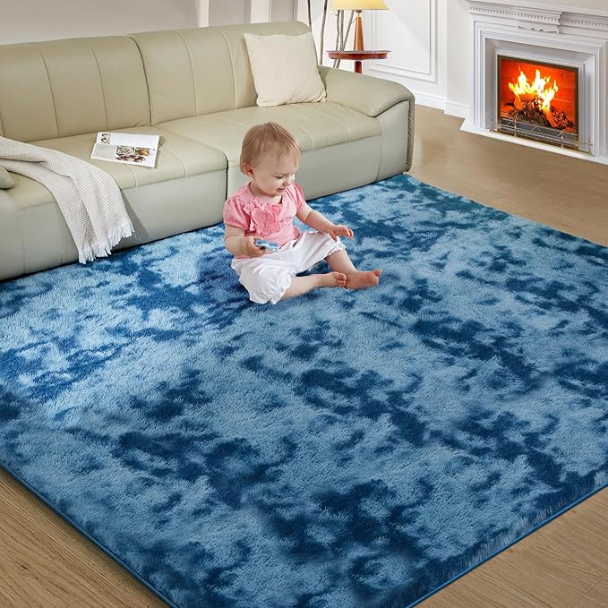 Ultra Soft Rug for Living Room, 4X6 Fluffy Shag Area Rug for Bedroom, Modern Shaggy Carpets Fuzzy Rug for Teens Dorm Nursery Home Decor Aesthetic, Upgrade Anti-Skid Durable, Tie-Dyed Blue Grey