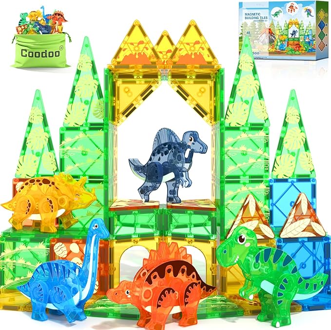 Dinosaur Toys Magnetic Tiles 3D Movable Dinos for Kids 3-5 5-7 Toddler Outdoor Sensory Toys, STEM Educational Magnetic Blocks for 3+ Years Old Boys Girls Kids Toy