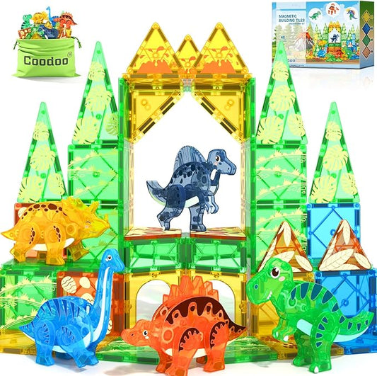 Dinosaur Toys Magnetic Tiles 3D Movable Dinos for Kids 3-5 5-7 Toddler Outdoor Sensory Toys, STEM Educational Magnetic Blocks for 3+ Years Old Boys Girls Kids Toy