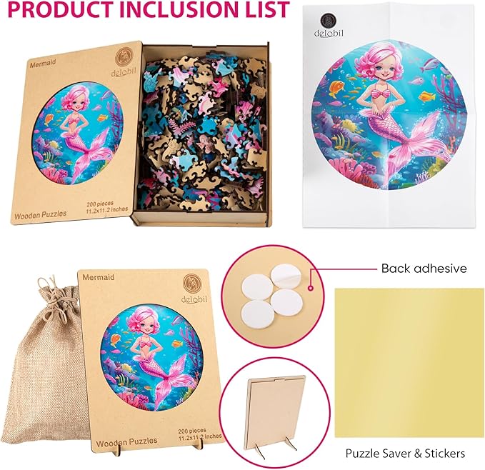 Wooden Puzzles for Adults, Mermaid Jigsaw Puzzles 200 Pieces, Unique Shape Puzzles with Wooden Box, 11.2 x 11.2 Inches Medium Size Family Game Gift, Fun Challenging Puzzles for Adults and Kids