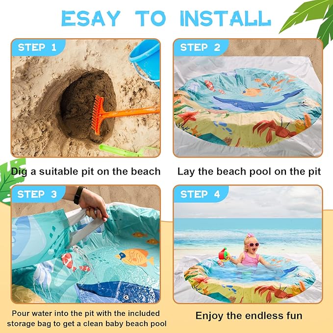 Square Baby Beach Pool, 6.5 X 6.5Ft Portable Cartoon Ocean Theme Toddler Beach Puddle, Waterproof Sandproof 2 in 1 Cute Toddler Paddling Pool Beach Blanket with Carrying Bag for Boys Girls