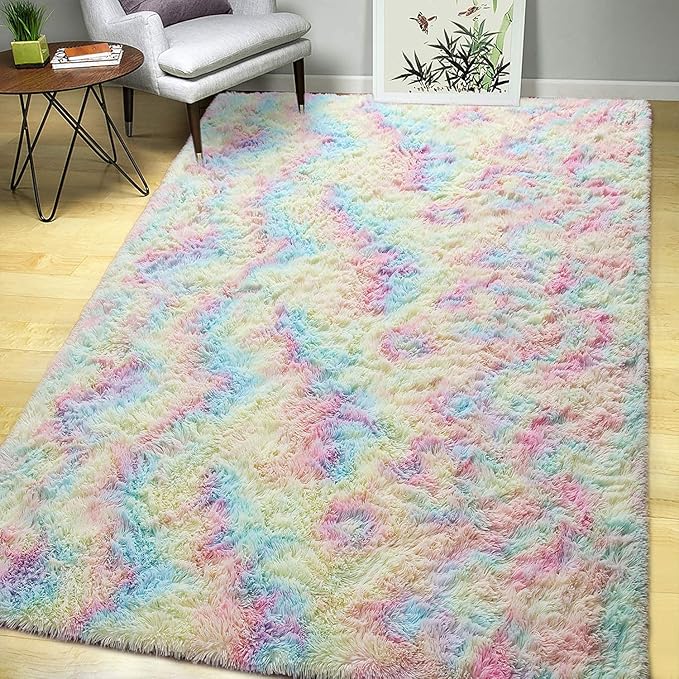 AROGAN Soft Rainbow Area Rugs for Girls Room 3x5 Feet, Fluffy Girls Bedroom Rugs, Princess Rug, Cute Colorful Carpet for Kids Teens Nursery Toddler, Pink