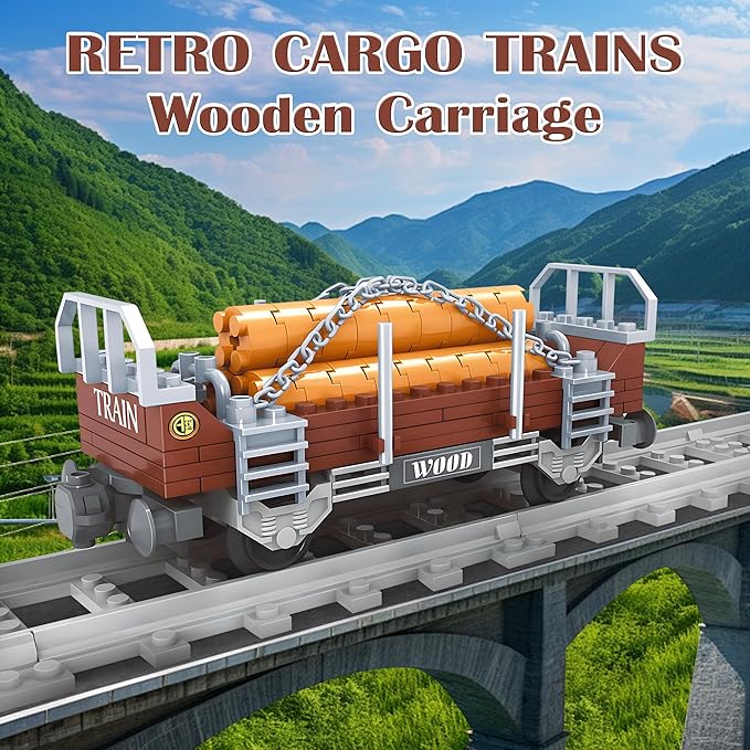 Finger Rock City Freight Train Car Building Toy Set, Classic Wooden Carriage Cargo Model, 150 Pcs MOC Construction Toys for Train Lovers, STEM Gifts for Boys & Girls 6-8+