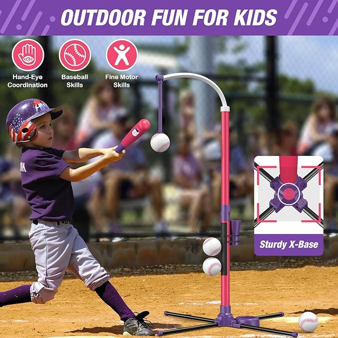 QDRAGON 4 in 1 Tball Set for Toddlers 3-5 with Toss and Catch Ball Set / 2 Bats, Hanging Tee Ball Stand with Auto Pitching Machine, Indoor Outdoor Sport Toys Games Christmas Birthday Gifts for Girls