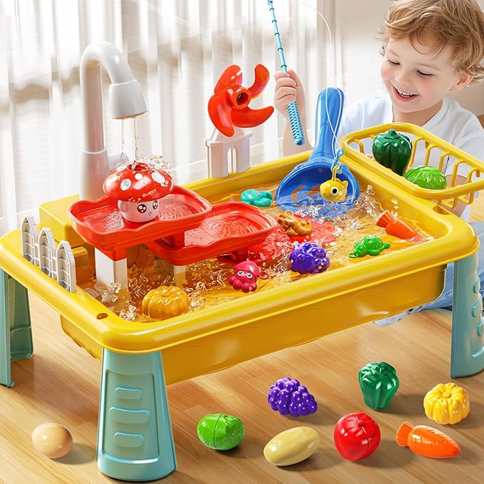 Water Table Toy for Kids 2 3 4 5 6 Years Old - Outdoor Kitchen Toys Set with Electrical Faucet, Toddler Fishing Games, Summer Beach Sensory Water Play Table, Gifts for Boy Girl 2+ 3-5(Yellow)