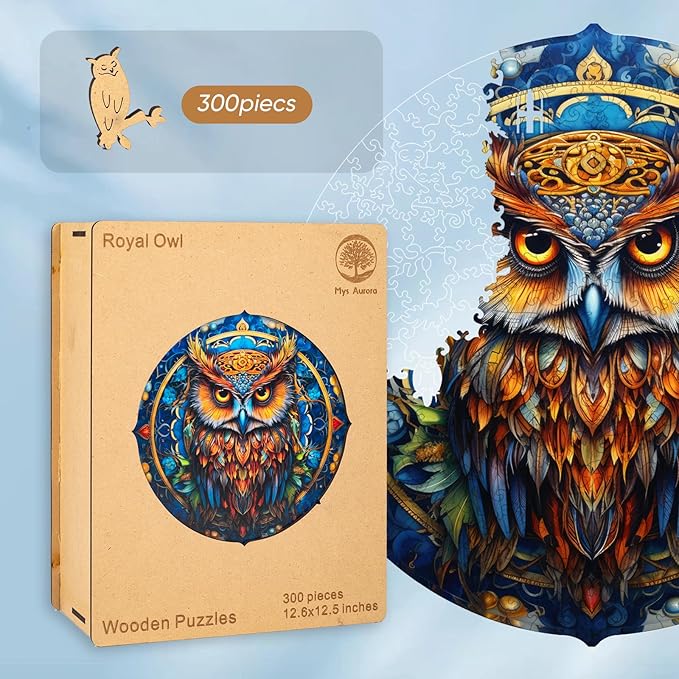 Royal Owl Wooden Jigsaw Puzzle for Adult and Kids 300 Pcs Unique Shape Multicolor Wood Storage Box Fun Challenge Brain Teaser Family Game Creative Gift for Friends Rompecabezas Madera