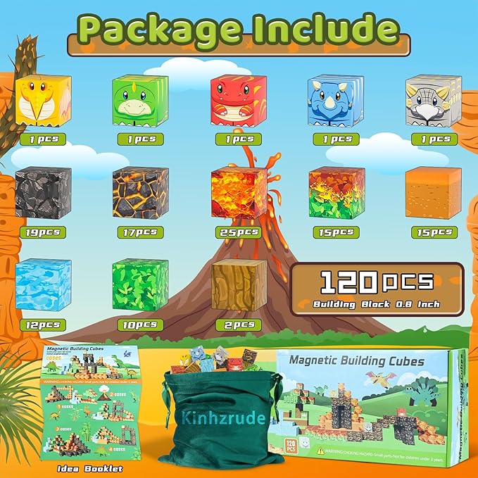 Magnetic Blocks - 120PCS Toy Build Set, Magnetic Building Blocks STEM Sensory Toys, Creative Kids Gift for 3+ Year Old Boys Girls (Dinosaur)
