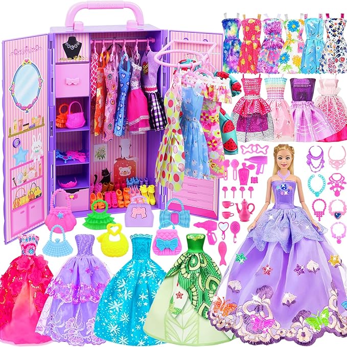 Ecore Fun 108 Pcs Doll Clothes and Accessories with Purple Doll Closet for 11.5 Inch Girl, Includes Party Dresses, Fashion Outfits, Swimsuits, Shoes, Hangers, Bags, Necklaces