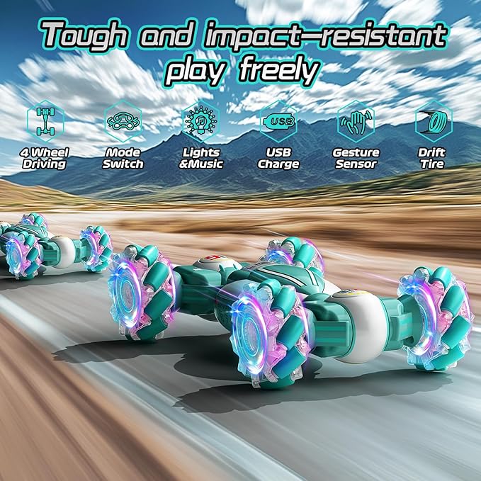 Gesture Sensing RC Stunt Car, Best Birthday Gift Ideas for Boys 6-12, Toys for Boys Age 8/9/10/11/12, 4WD 2.4GHz Remote Control Twist Car with Light & Music, Off Road 360° Rotating