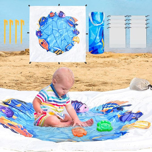 6.5 X 6.5 Ft Baby Beach Pool, 2 in 1 Portable Kids Beach Play Pool Puddle Toddler Beach Blanket and Kiddie Pools Blue Cartoon Childs Sand Pit Paddling Pools with Water Bag for Boy Girl Outdoor Camping