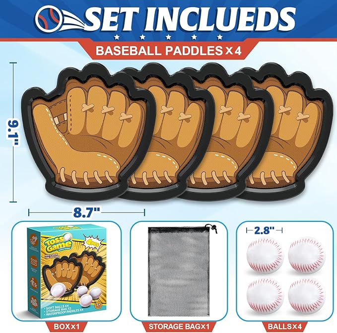 4 Pack Catch Ball Games Set for Kids, Baseball Training Toys with Gloves and Sticky Balls for Ages 3-12 Years Old, Outdoor Beach Pool Toys for Kids, Ideal Birthday Easter Gifts for Toddlers Boys Girls