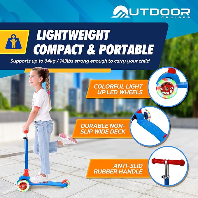Outdoor Cruiser 3-Wheel Kids Scooter – with Lean-to-Steer Technology, Led Lighted Wheel, 4-Level Adjustable Height T-bar Handle, Support Kids Up to 150 Lbs, for Boys & Girls Ages 3-8, Blue and Red