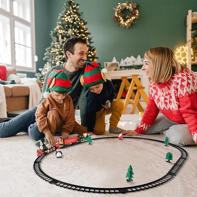 Electric Toy Train Set Around Christmas Tree, Classical Locomotive Engine w/Smokes, Lights & Sounds, Santa Claus Figure as Decoration, Gift for Kids Ages 3 and Up Boys Girls Toddler Children Presents