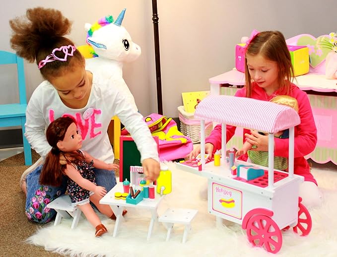 Playtime by Eimmie 18 Inch Doll Furniture Hot Dog Food Cart Set - Wooden Playset with Accessories, Fits American, Generation, My Life & Similar 14”-18” Dolls