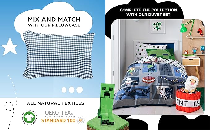 Saturday Park Minecraft Emblematic Queen Sheet Set - 4 Piece 100% Organic Cotton Sheets Features Creeper, Alex & Steve - GOTS & Oeko-TEX Certified (Minecraft Official)