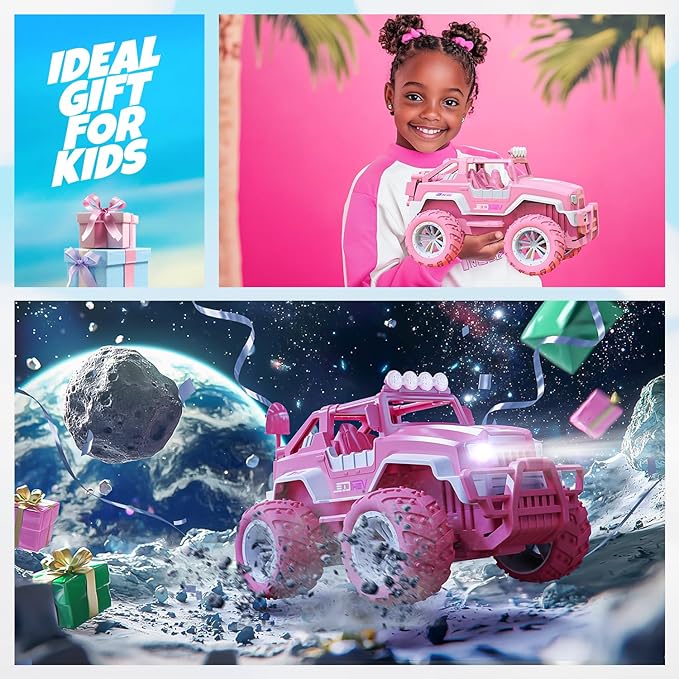 BEZGAR Remote Control Car for Girls - 1:16 Pink RC Cars with 2 Dolls & 4 Windmills, 2.4GHz with LED Lights, 80 Mins Play with Rechargeable Battery, Monster Truck Jeep Toys Birthday Gifts for Kids